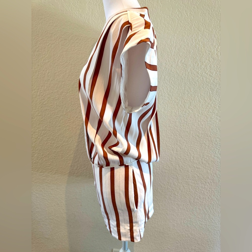 Zara Basics Drop Waist V-Neck Cream/Brown Striped Dress - Size Small - Picture 5 of 16